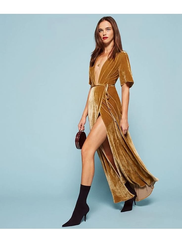 Valentina Golden Velvet Wrap Dress Gold 1