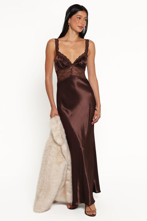 Ilaria Satin Maxi Dress in Chocolate Brown 1