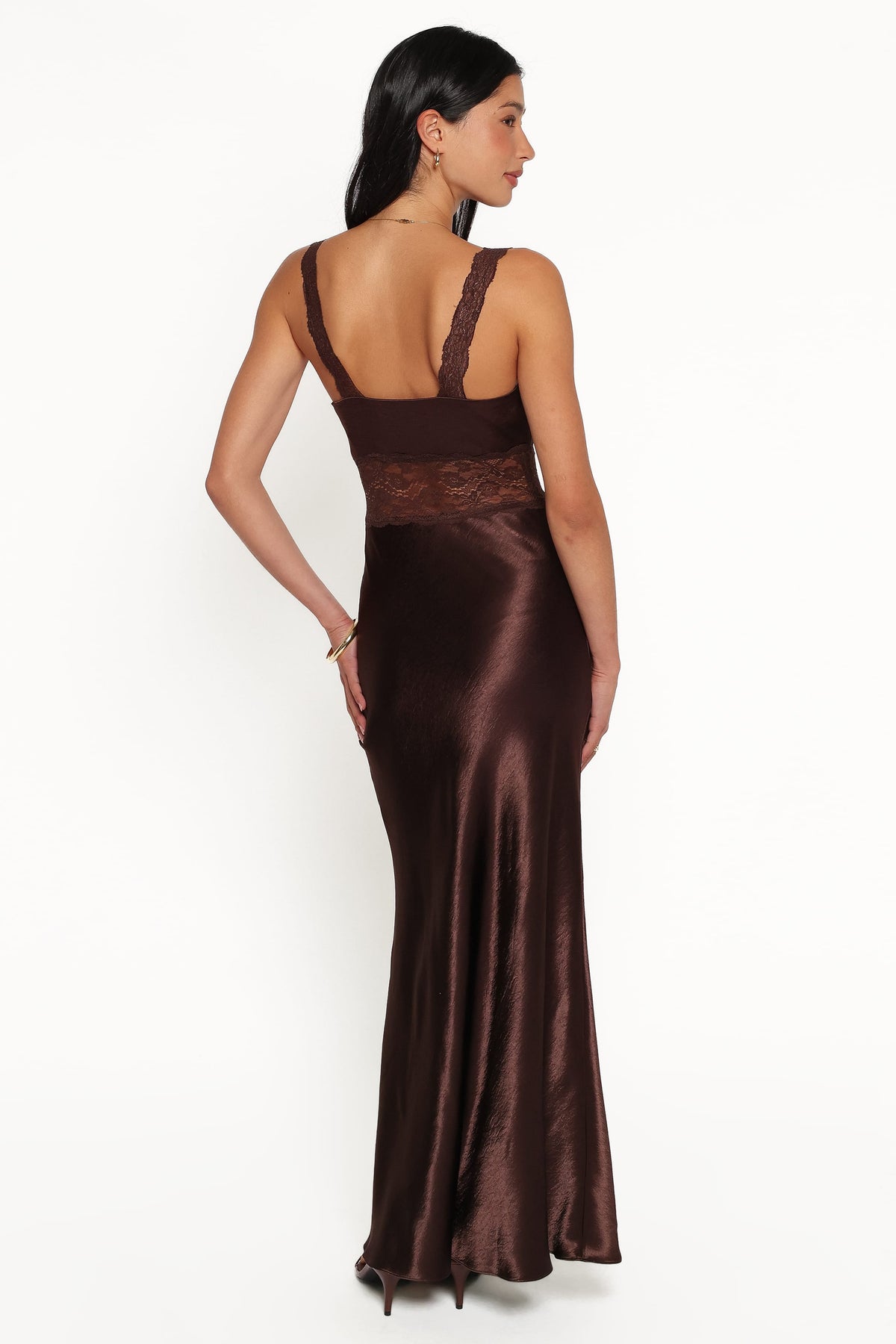 Ilaria Satin Maxi Dress in Chocolate Brown 4