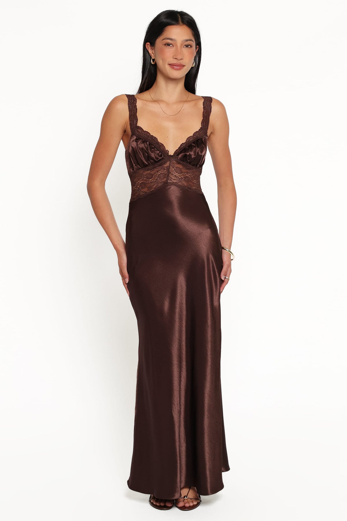 Ilaria Satin Maxi Dress in Chocolate Brown 5