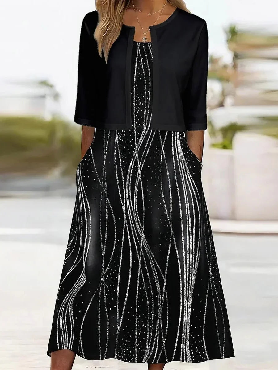 Sylvie Abstract Midi Dress with Bolero Black 1