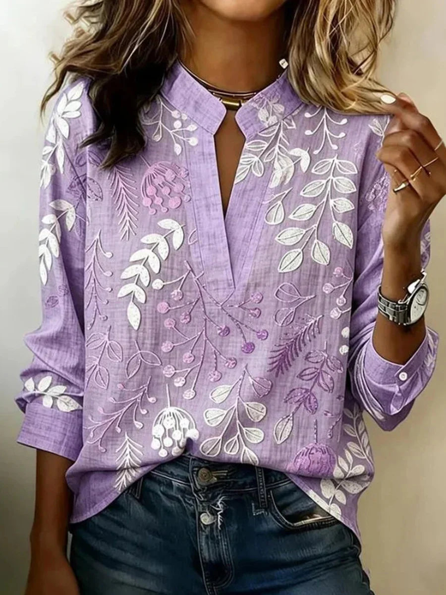 Aria V-Neck Blouse with Leaf Print Purple 1