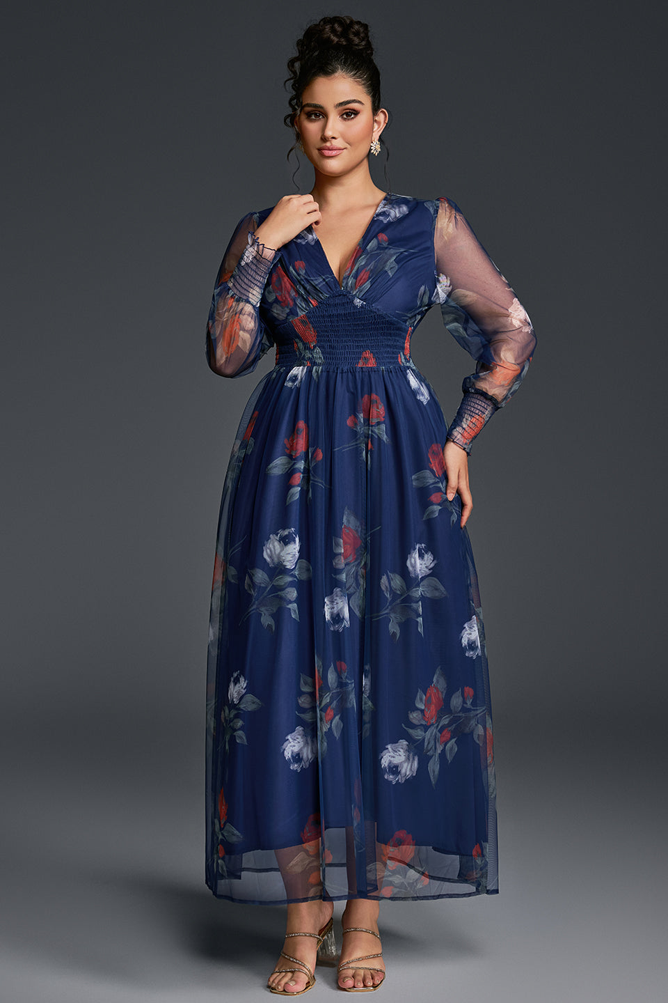 Isabelle Floral Pleated Maxi Dress Neck Floral Mesh Maxi Dress 5