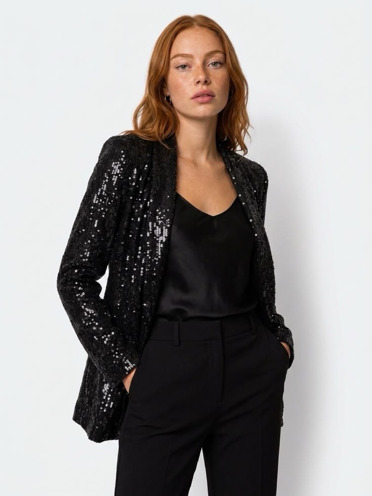 Sequin Boyfriend Blazer in Black Black 1