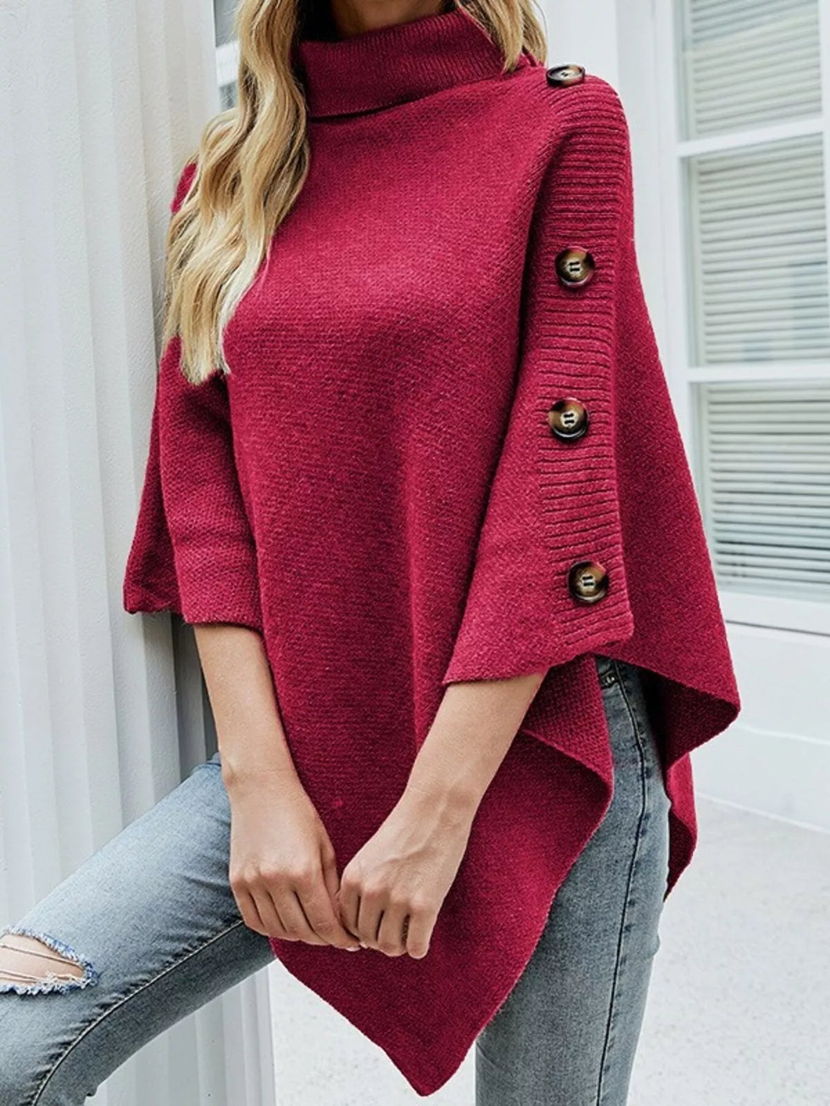Margot Turtleneck Sweater Poncho in Red Pink 7