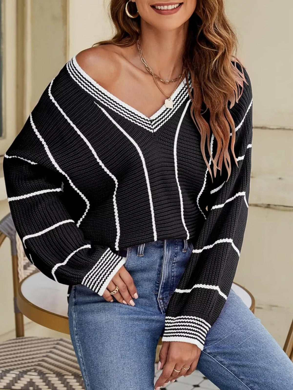 Margot Striped Contrast Sweater Dark Green 5