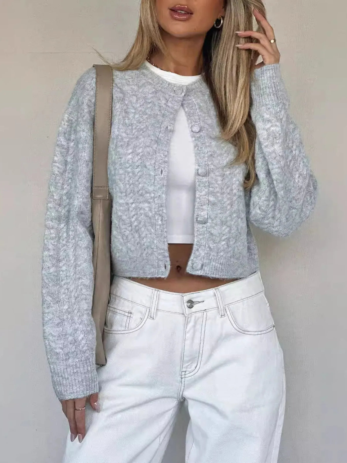 Margot Cardigan in Cream Cable Knit Gray 5