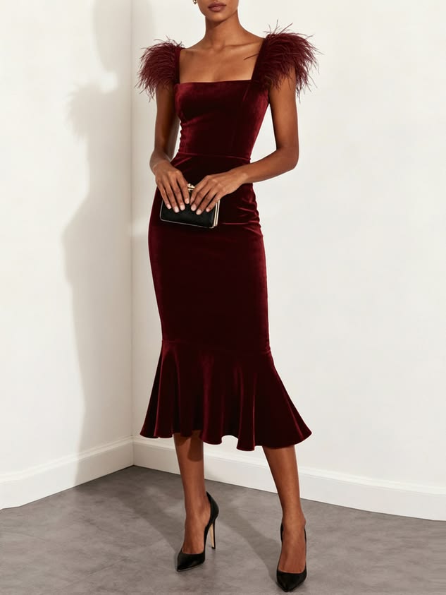 Isabelle Velvet Mermaid Midi Dress Wine 1