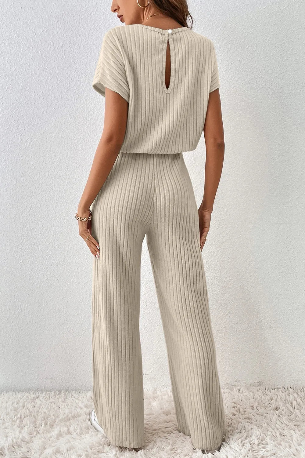 Margot Ribbed Knit Jumpsuit Beige 2