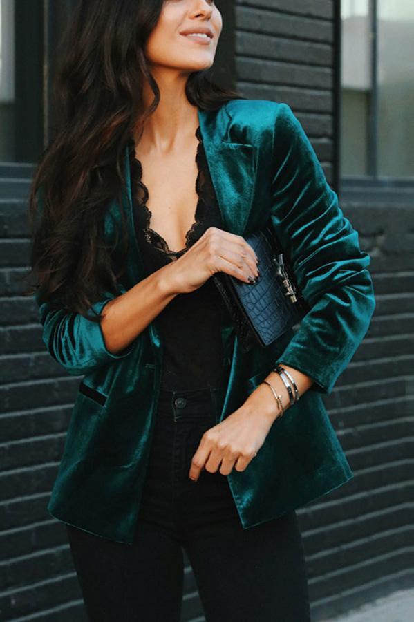 Margot Velvet Blazer in Green Black 1