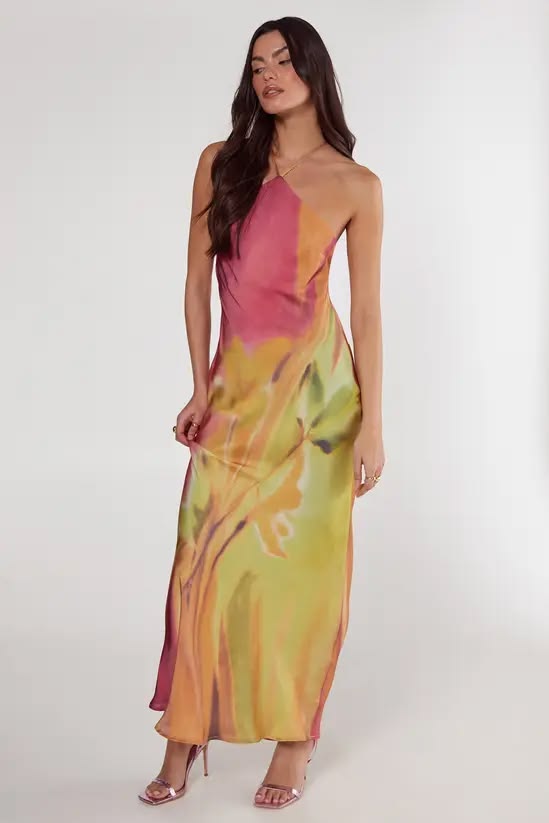 Aurelia Satin Halter Maxi Dress Floral 1