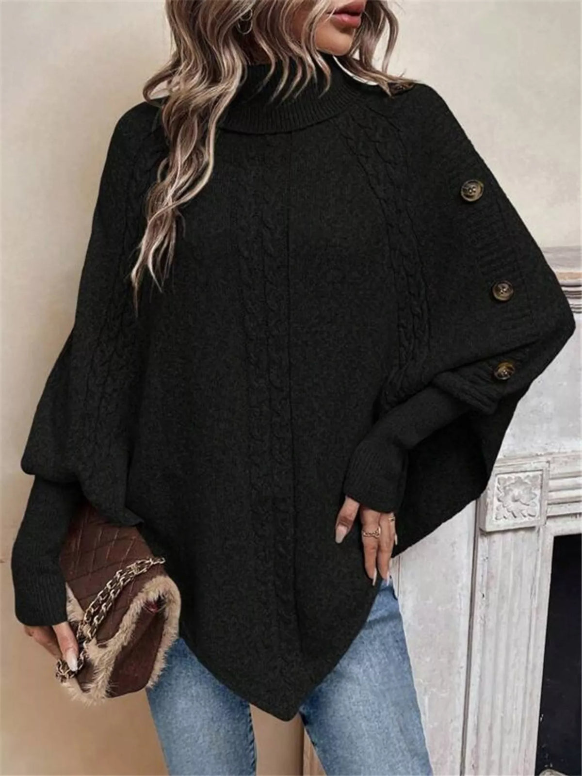 Margot Cable Knit Turtleneck Sweater Black 8