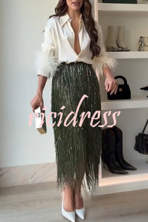 Valentina Sequin Tassel Midi Dress Blackish Green 1