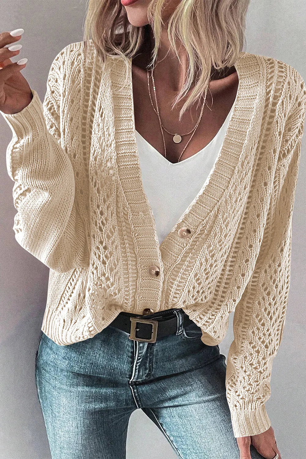 Margot Long Cardigan in Openwork Knit Black 8