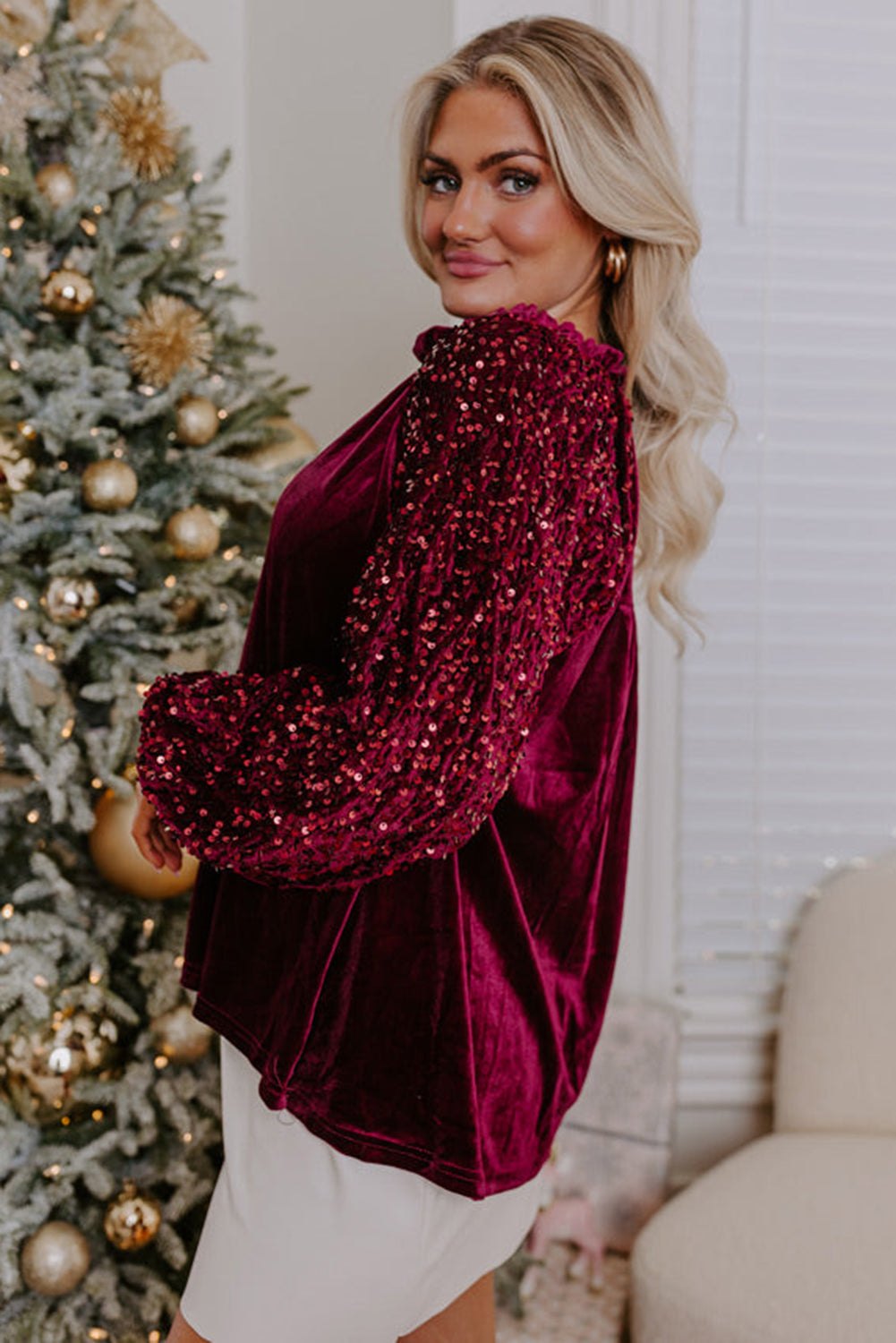 Freya Sequin Velvet Blouse Red Dahlia 3
