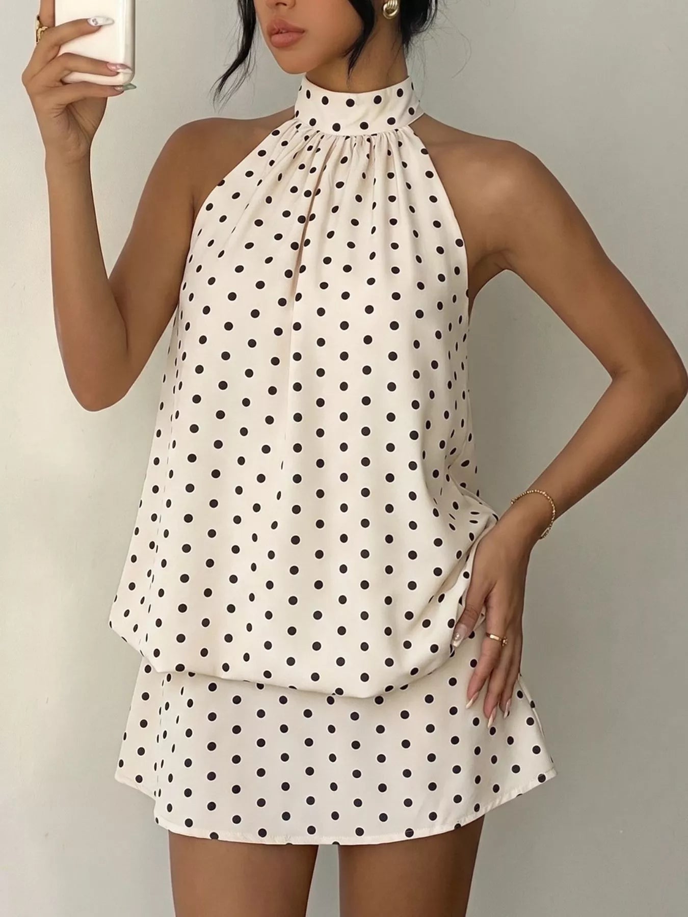 Violet Polka Dot Halter Mini Dress Coffee Brown 1