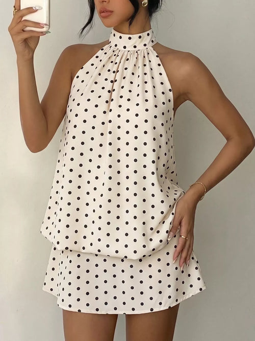 Violet Polka Dot Halter Mini Dress Apricot 1
