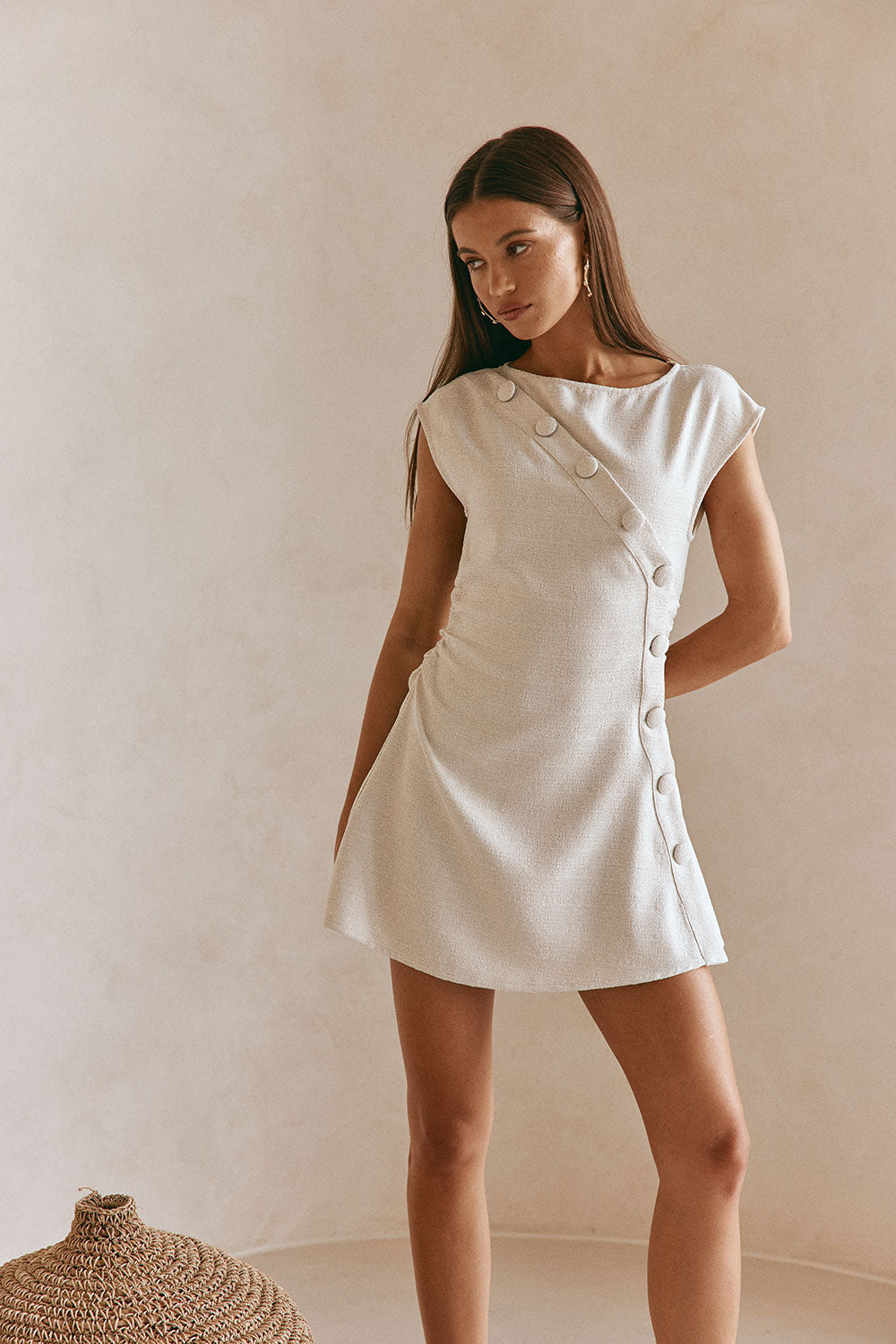 Leighton Button Flared Mini Dress in Beige 3