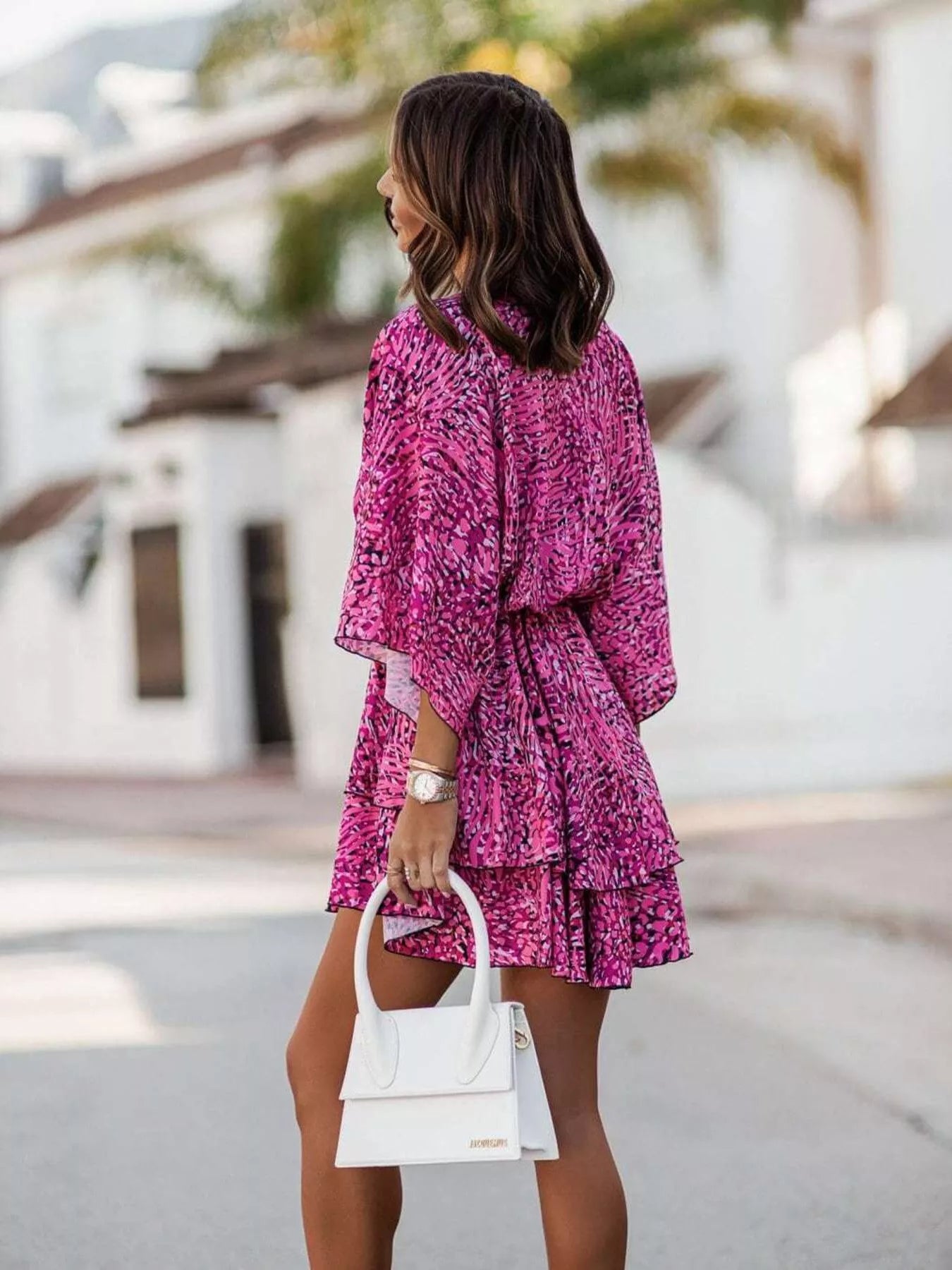 Margot Printed Surplice Mini Dress Fuchsia Pink 8
