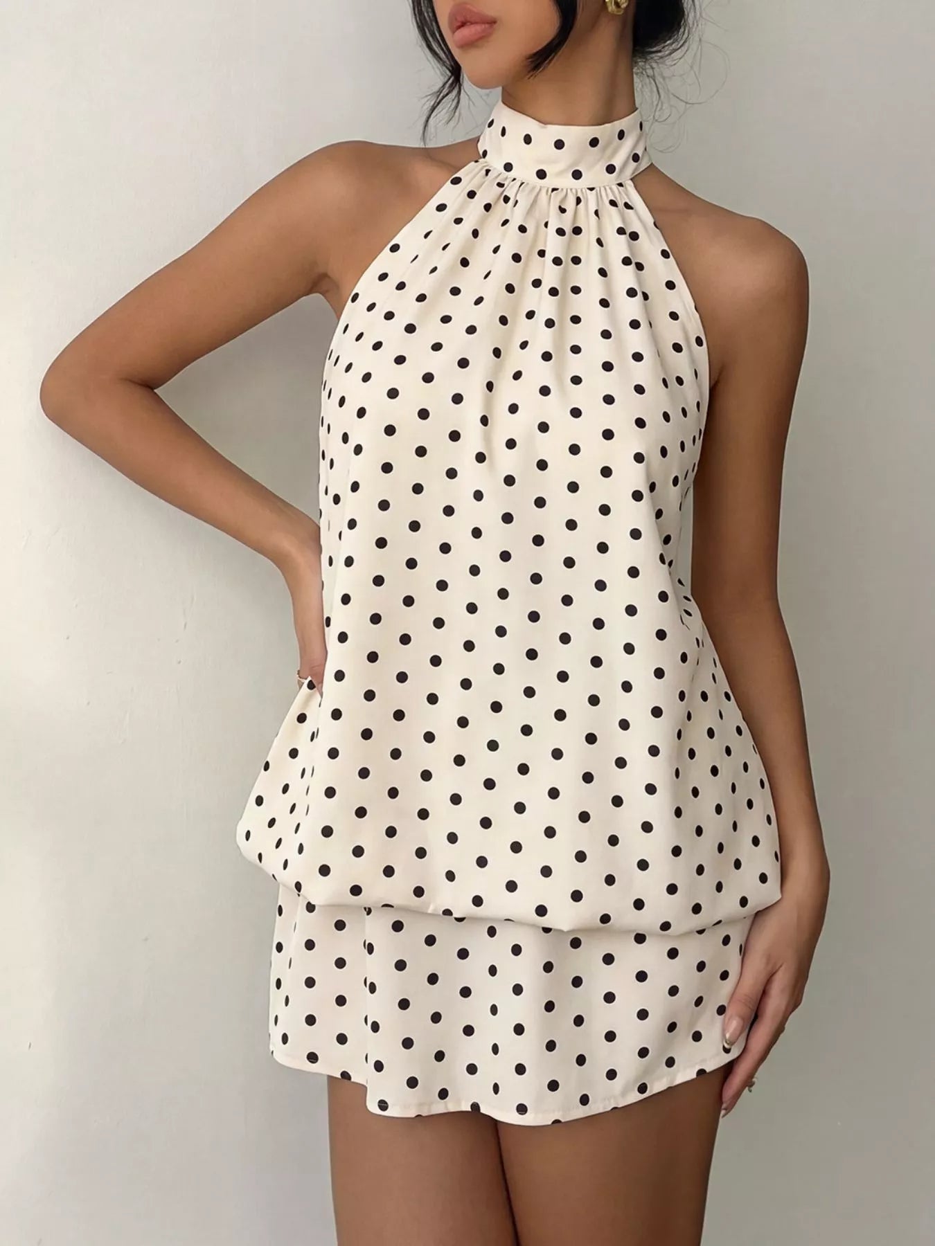 Violet Polka Dot Halter Mini Dress Coffee Brown 4