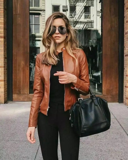Valentina Leather Biker Jacket Tan 1