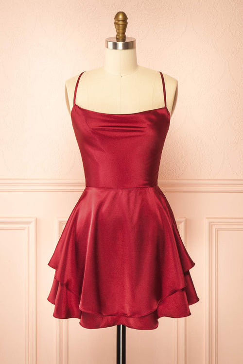 Ellya Burgundy Satin Corset Mini Dress Up Back 1