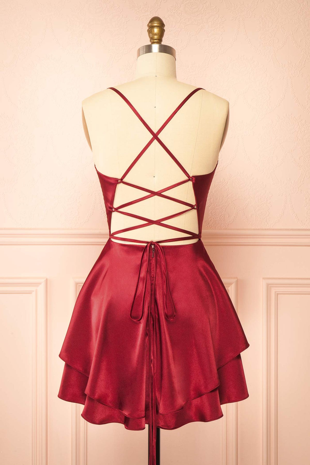 Ellya Burgundy Satin Corset Mini Dress Up Back 2