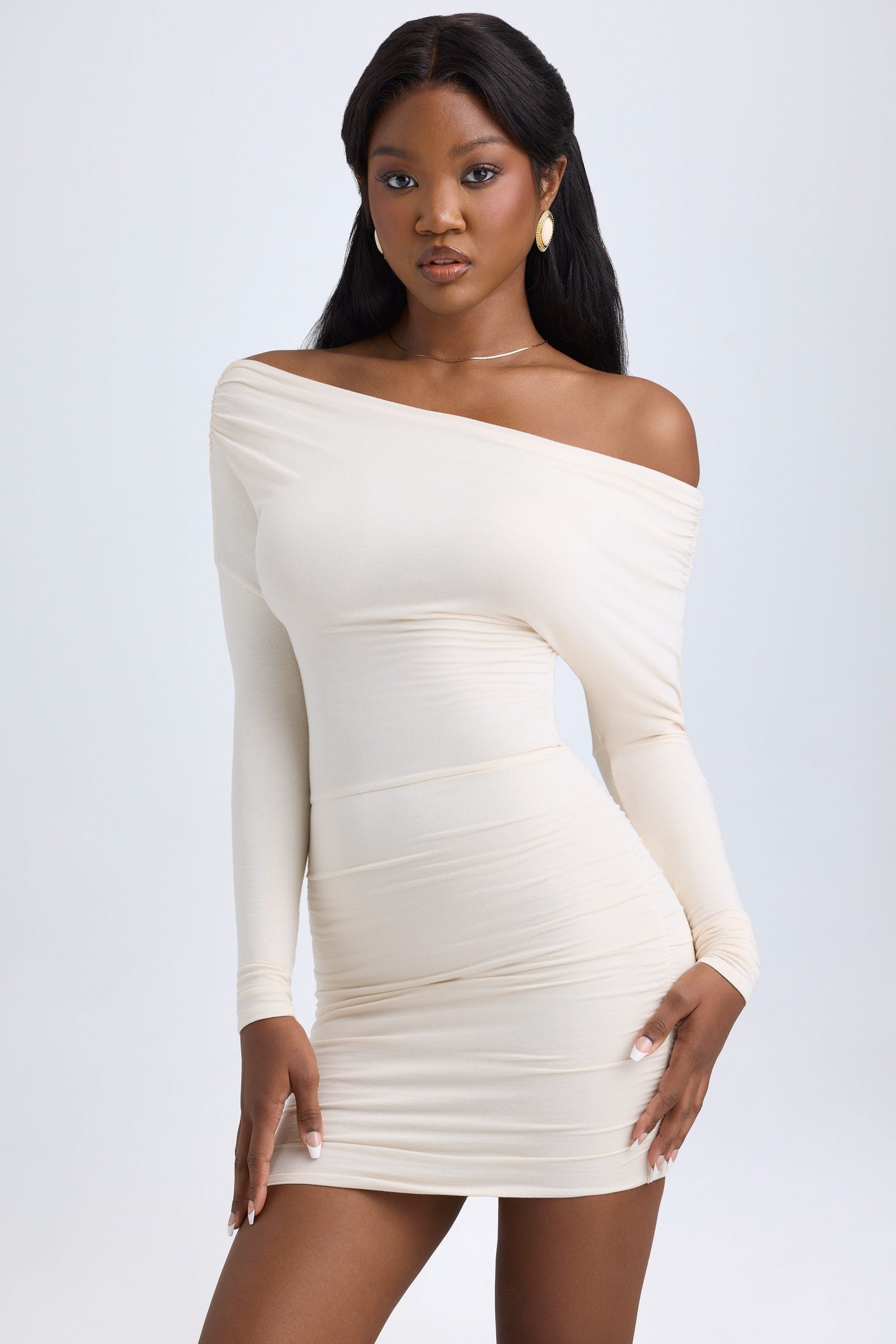 Oriana Modal Off-Shoulder Mini Dress Shoulder Ruched Mini Dress in Ivory 1