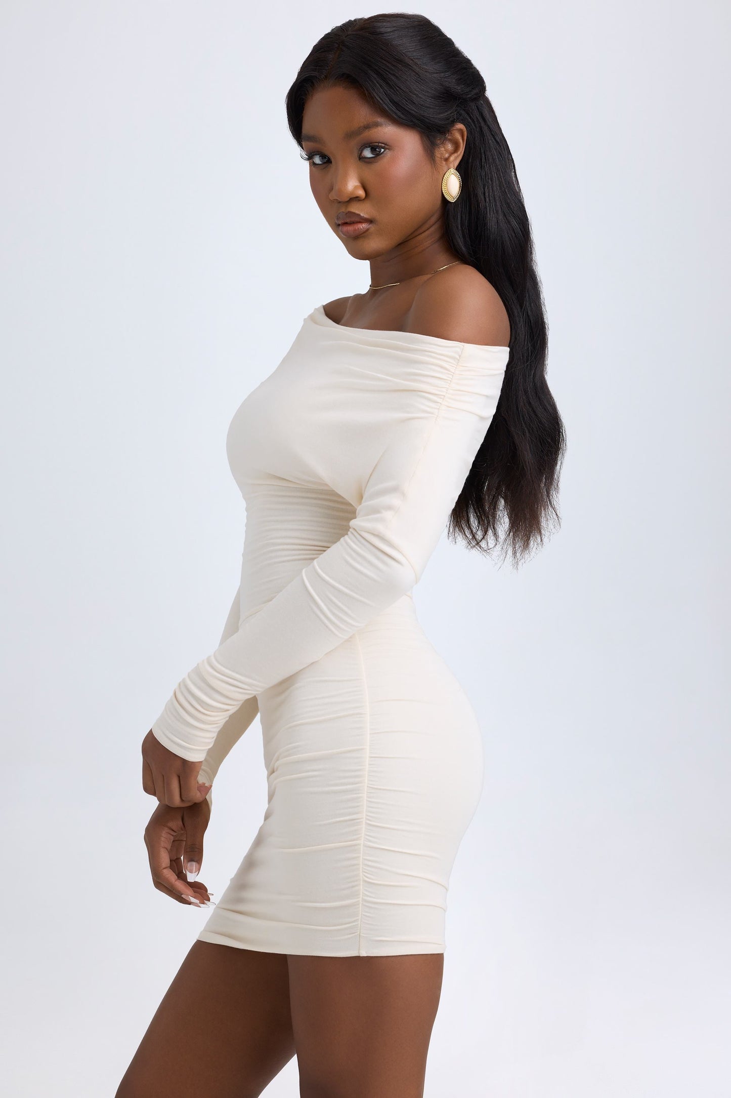 Oriana Modal Off-Shoulder Mini Dress Shoulder Ruched Mini Dress in Ivory 4