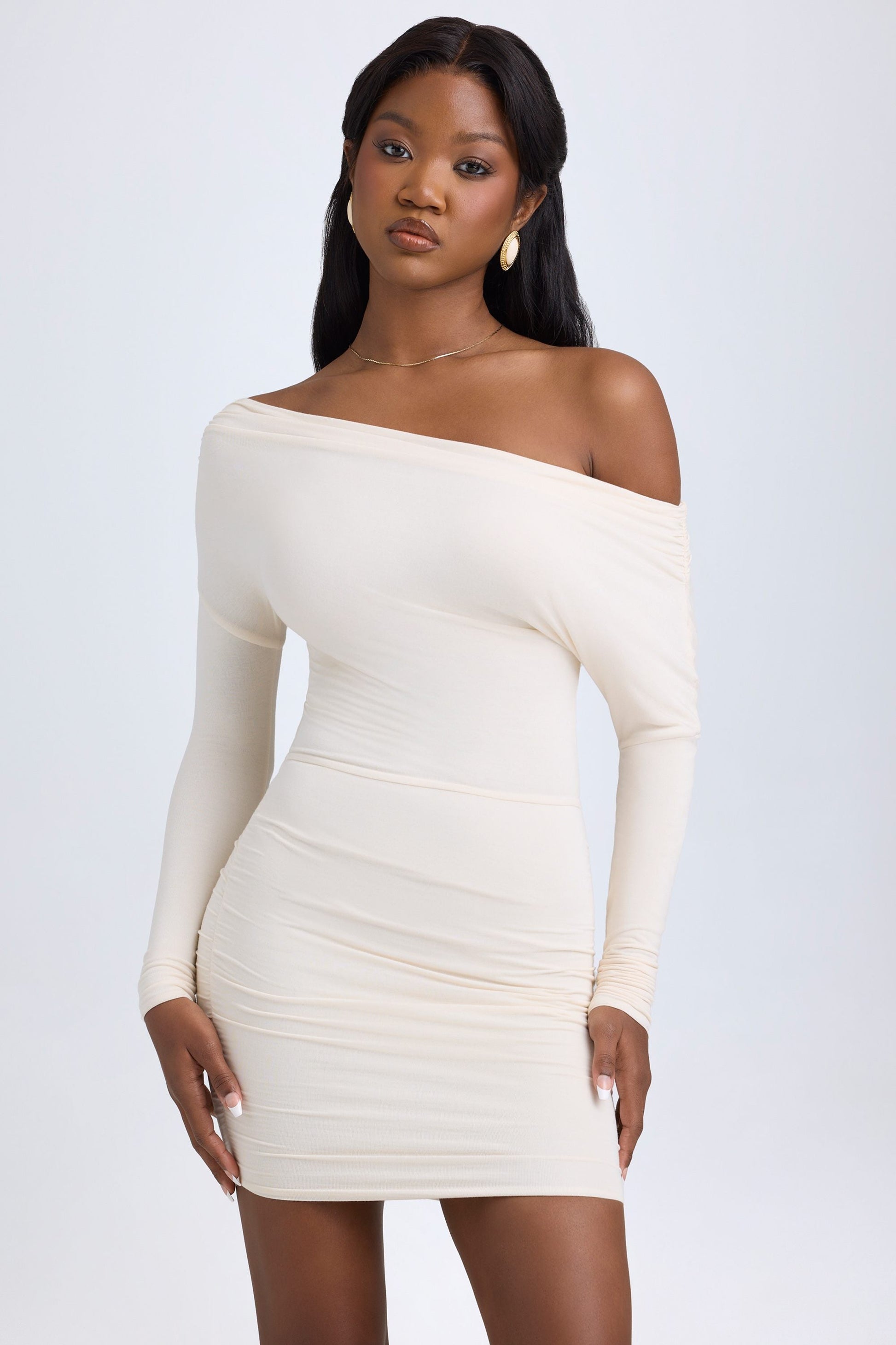 Oriana Modal Off-Shoulder Mini Dress Shoulder Ruched Mini Dress in Ivory 5