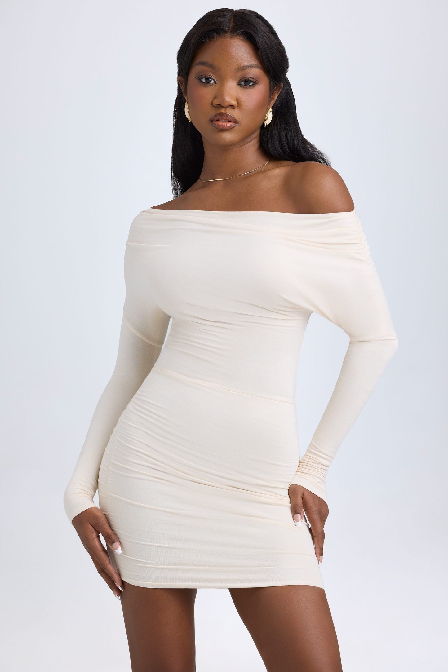 Oriana Modal Off-Shoulder Mini Dress Shoulder Ruched Mini Dress in Ivory 7