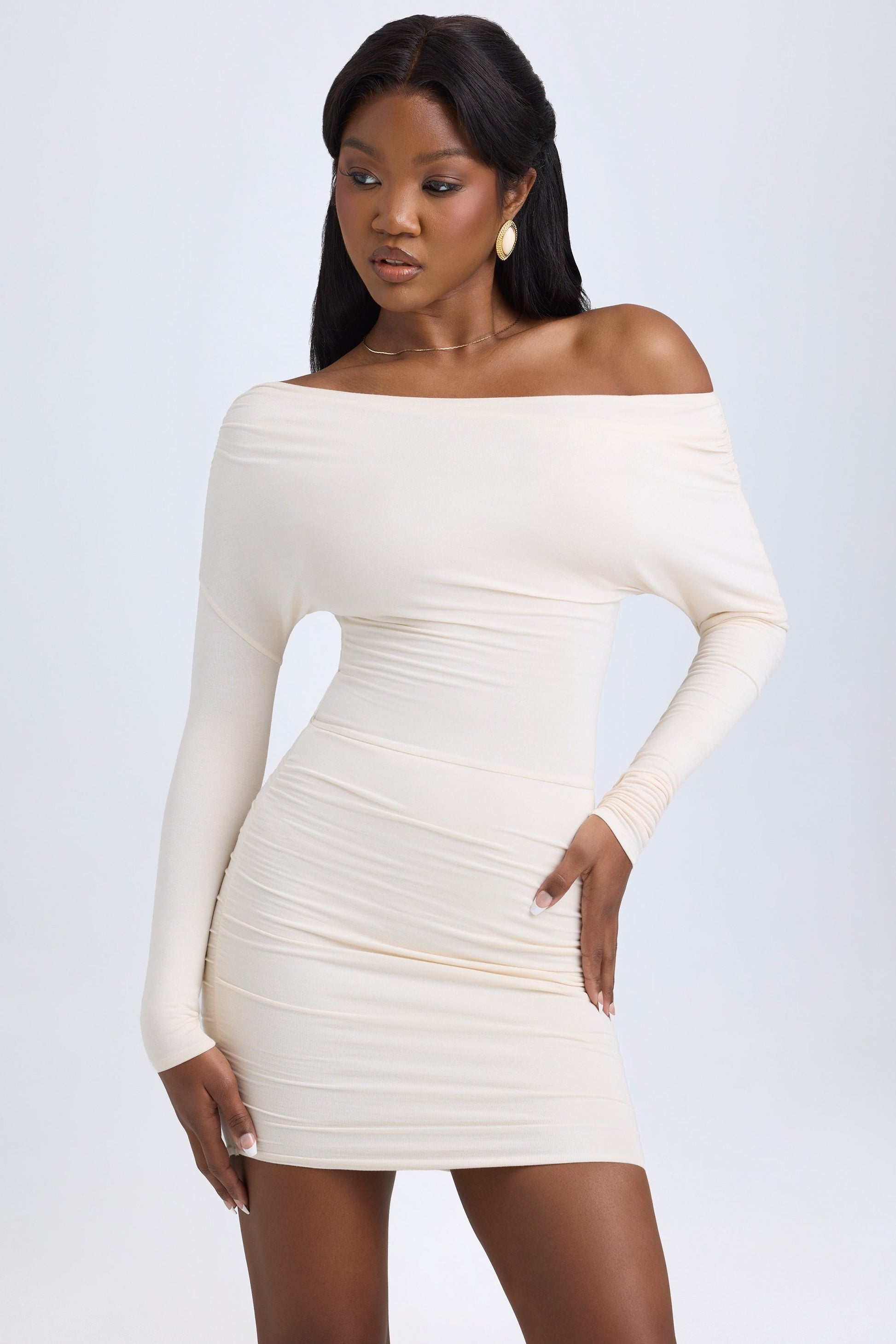 Oriana Modal Off-Shoulder Mini Dress Shoulder Ruched Mini Dress in Ivory 8