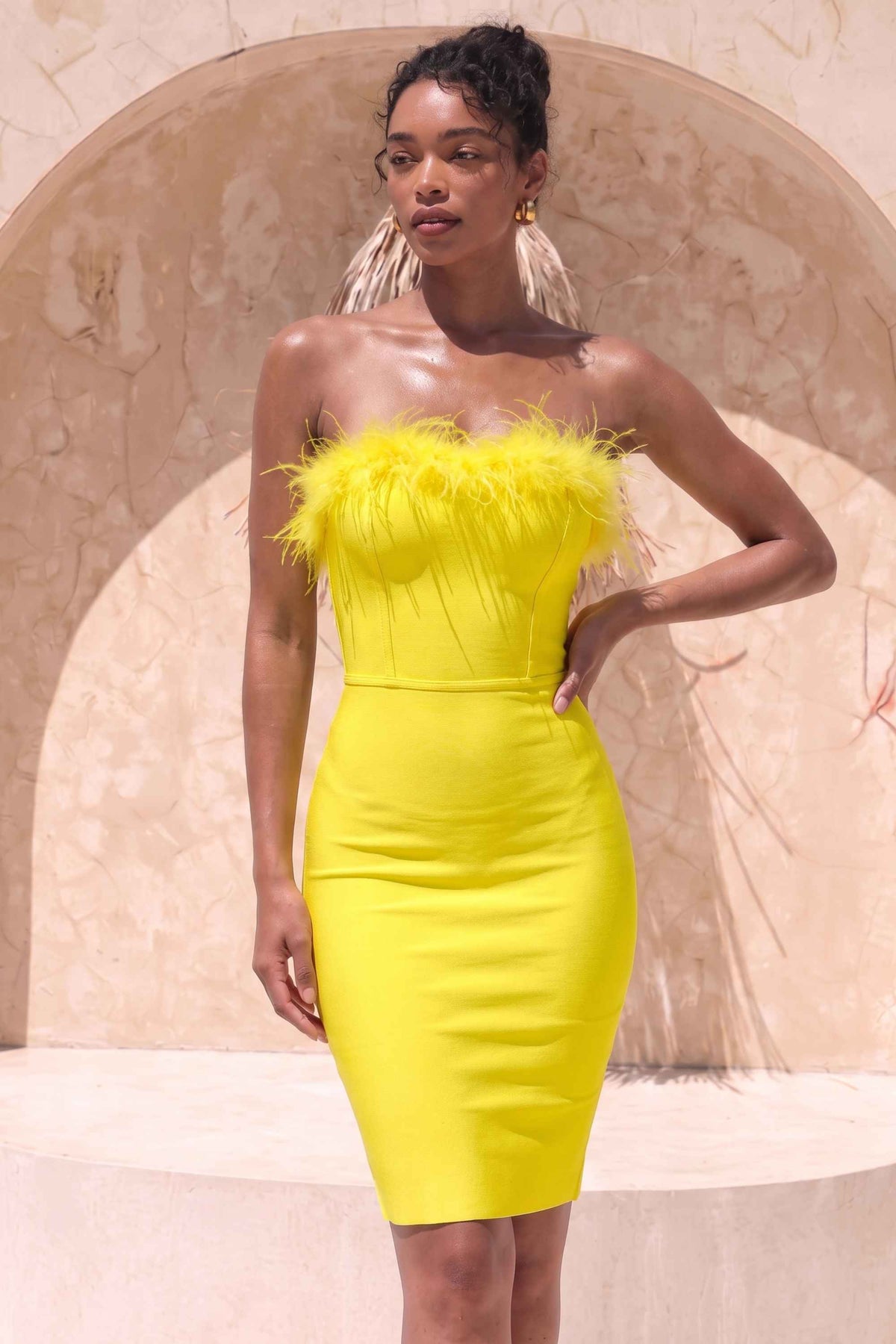 Erin Bandage Midi Dress in Black Sun Yellow 2