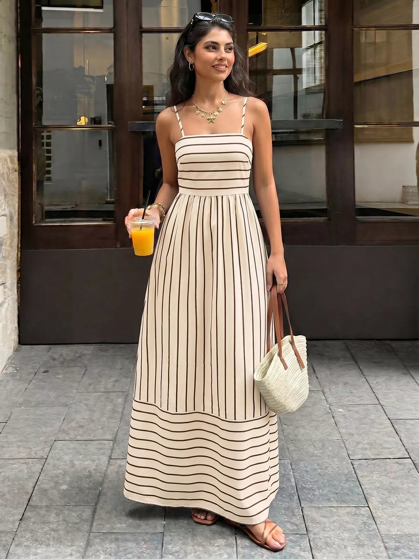 Celeste Striped Linen Maxi Dress Apricot 2