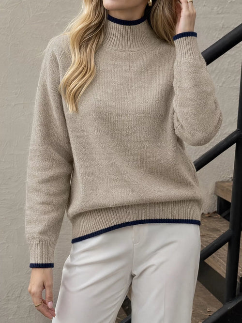 Margot Knit Sweater with Contrast Trim Khaki 1