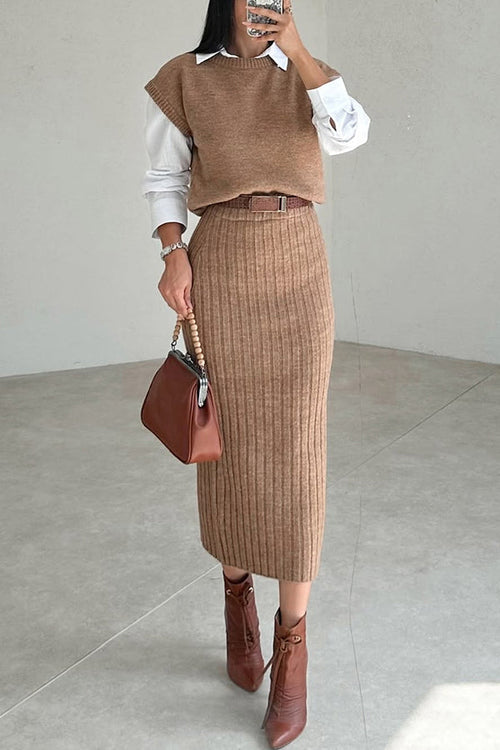 Celeste Ribbed Knit Midi Set Brown 1
