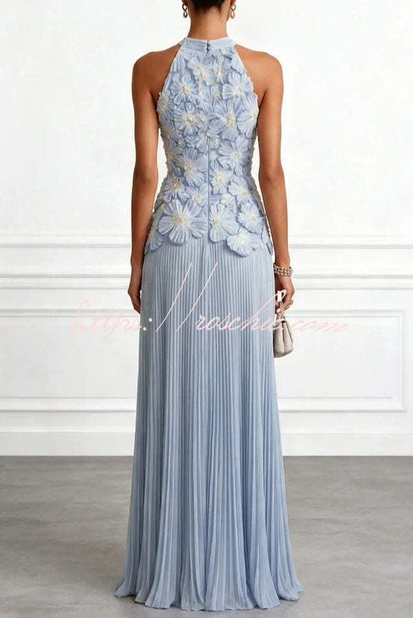 Emilie 3D Floral Embroidered Halter Maxi Dress Blue 2