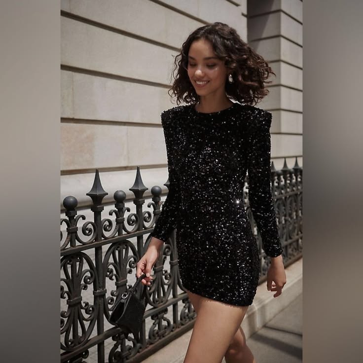Milena Sequin Padded Shoulder Minidress Black 1