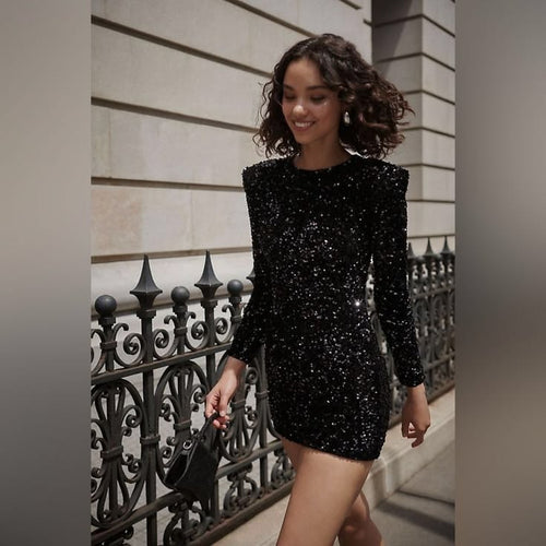 Milena Sequin Padded Shoulder Minidress Black 1