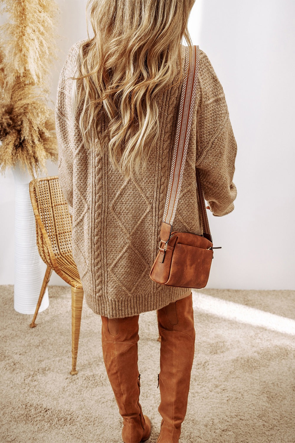 Margot Cable-Knit Sweater Dress in Tan Black 3