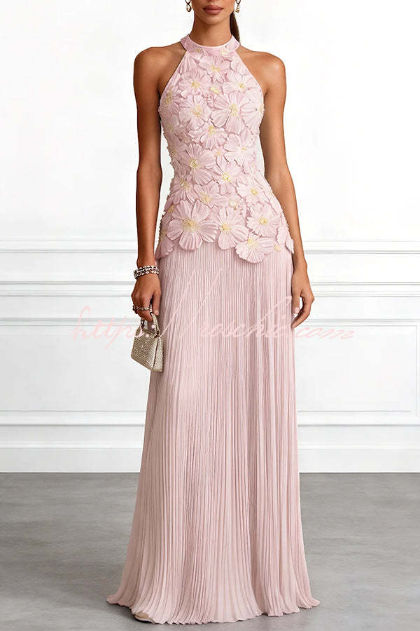 Emilie 3D Floral Embroidered Halter Maxi Dress Blue 4
