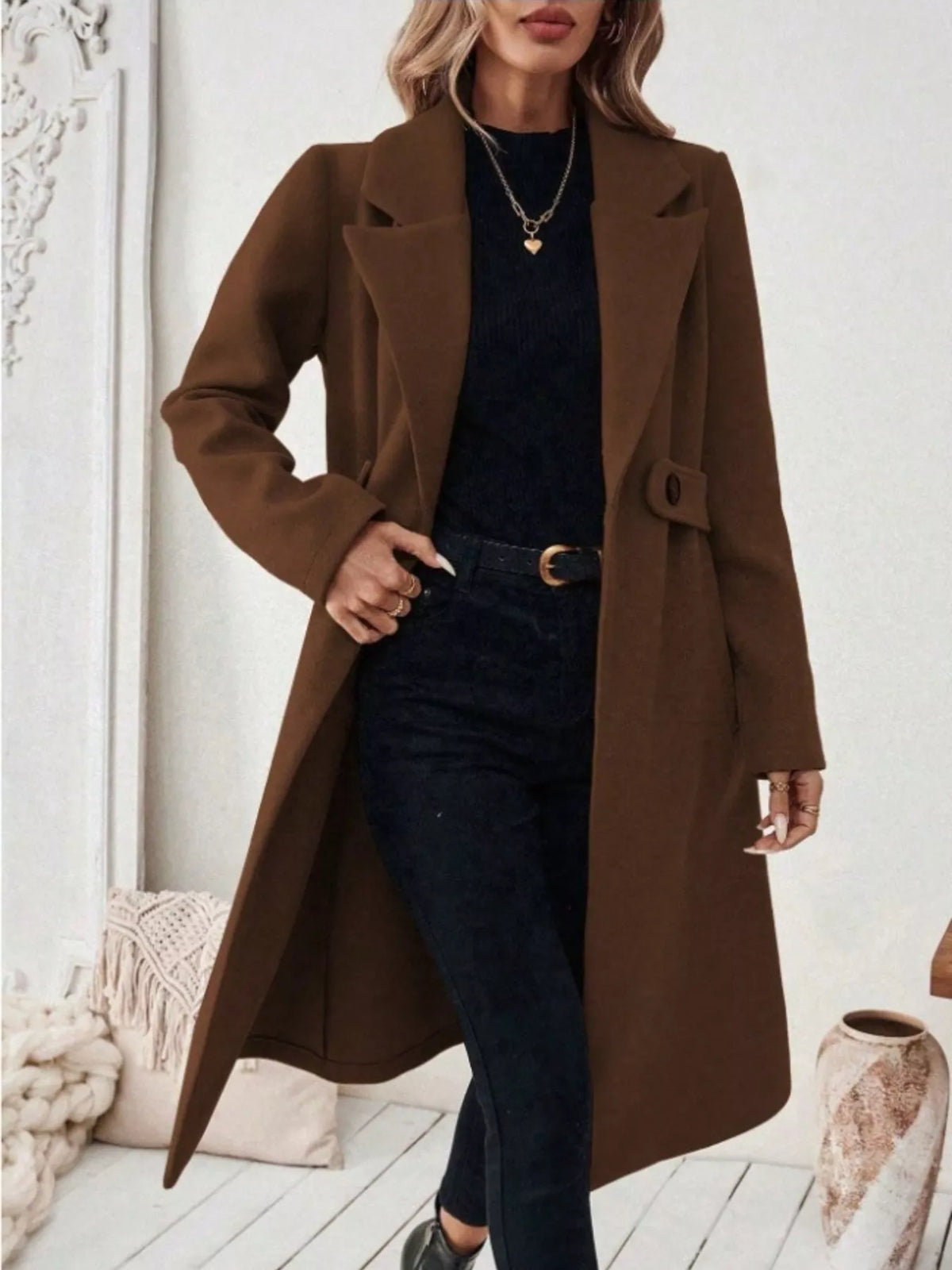 Margot Belted Lapel Coat in Burgundy Gray 9
