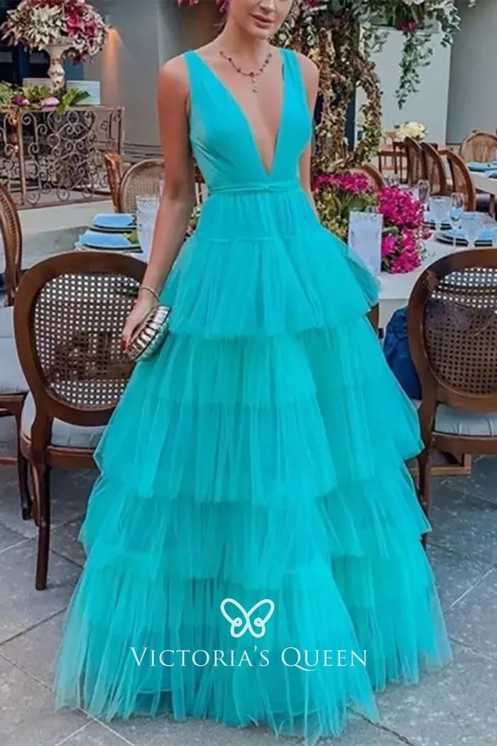 Isabeau Tiered Tulle Midi Dress Blue 1