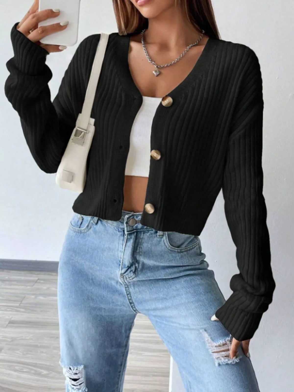 Margot Ribbed Cropped Cardigan Cream 8