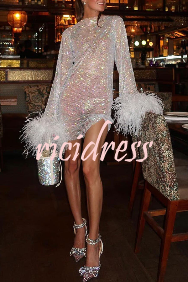 Valentina Rhinestone Mini Dress with Feather Sleeves Pink 5