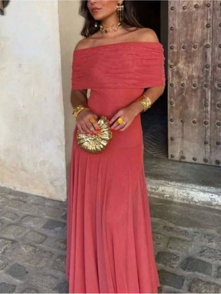 Beatrix Off-Shoulder Satin Evening Dress Coral 1