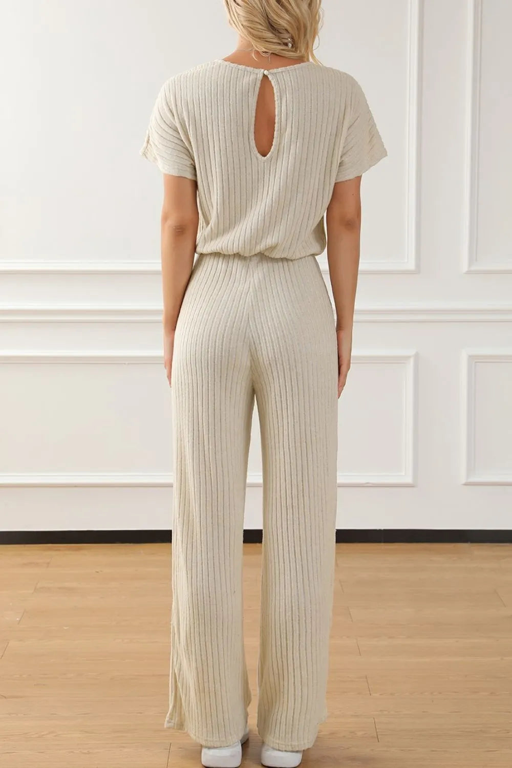 Margot Ribbed Knit Jumpsuit Beige 5