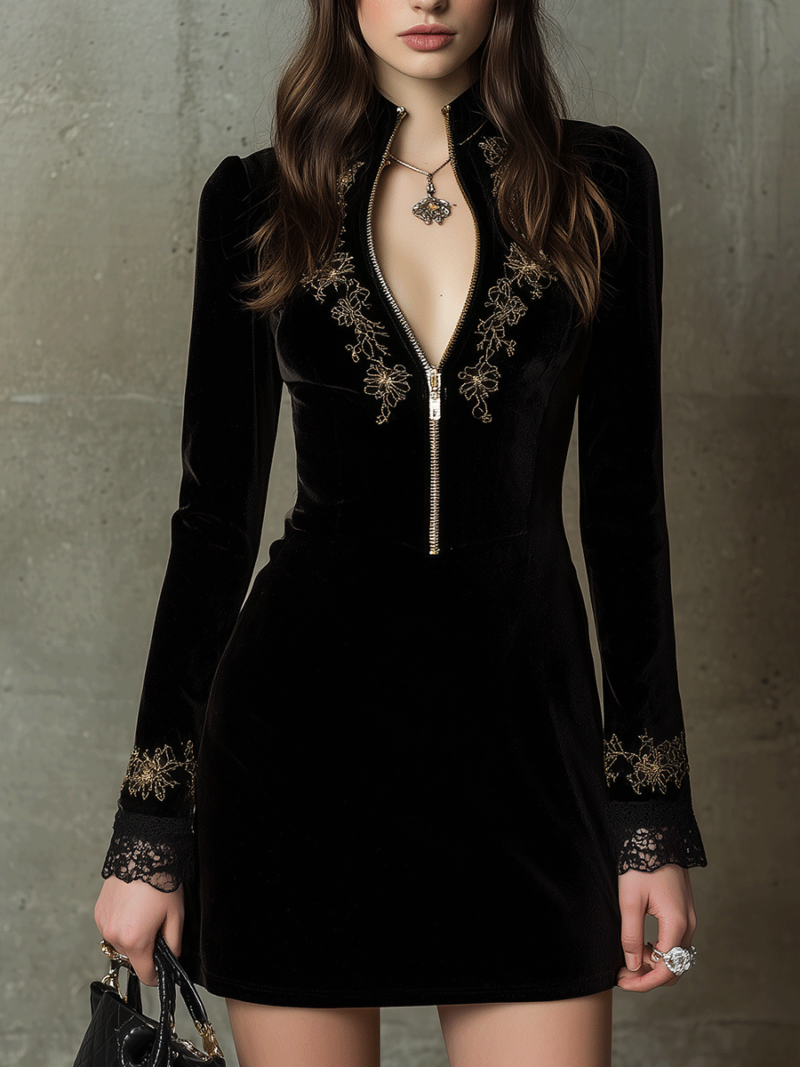 Margot Velvet Mini Dress with Gold Embroidery Black 1