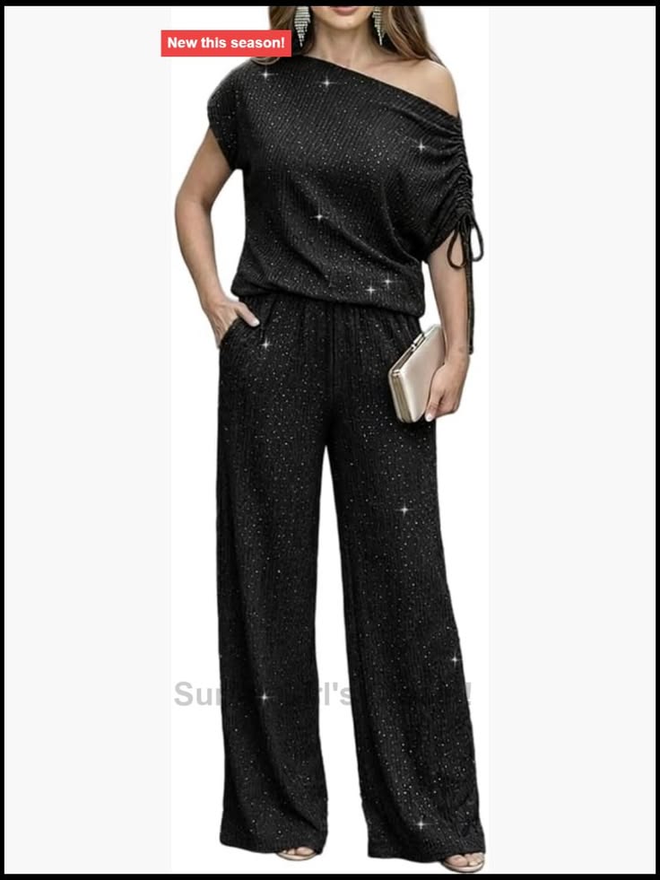 Celeste Rhinestone Cold Shoulder Top with Wide Leg Pants Set Black 1