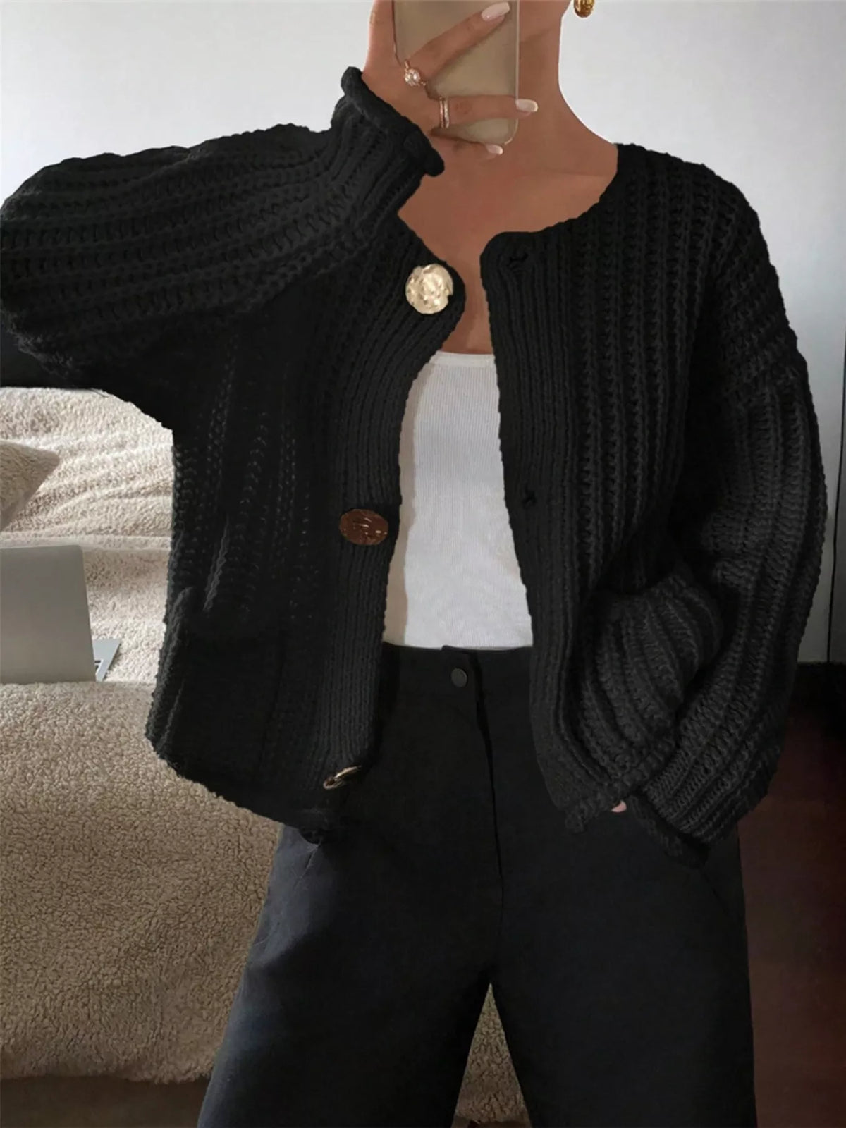 Margot Linen Button Cardigan Black 6